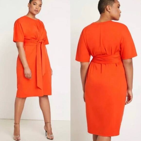 Eloquii | Bold Orange Plus Size Tie Waist short Sleeve Midi Dress 20 - Picture 12 of 12